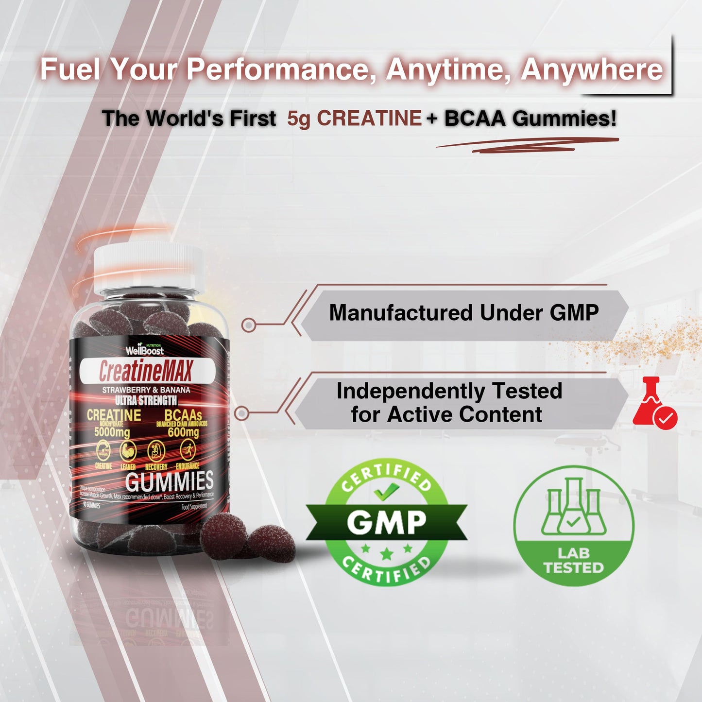 WellBoost Creatine MAX Gummies - 5000mg Creatine Monohydrate & 600mg BCAAs per Serving - Vegan, Sugar-Free Chewable Gummies with Strawberry & Banana Flavour - 90 Gummies (1 Month Supply)