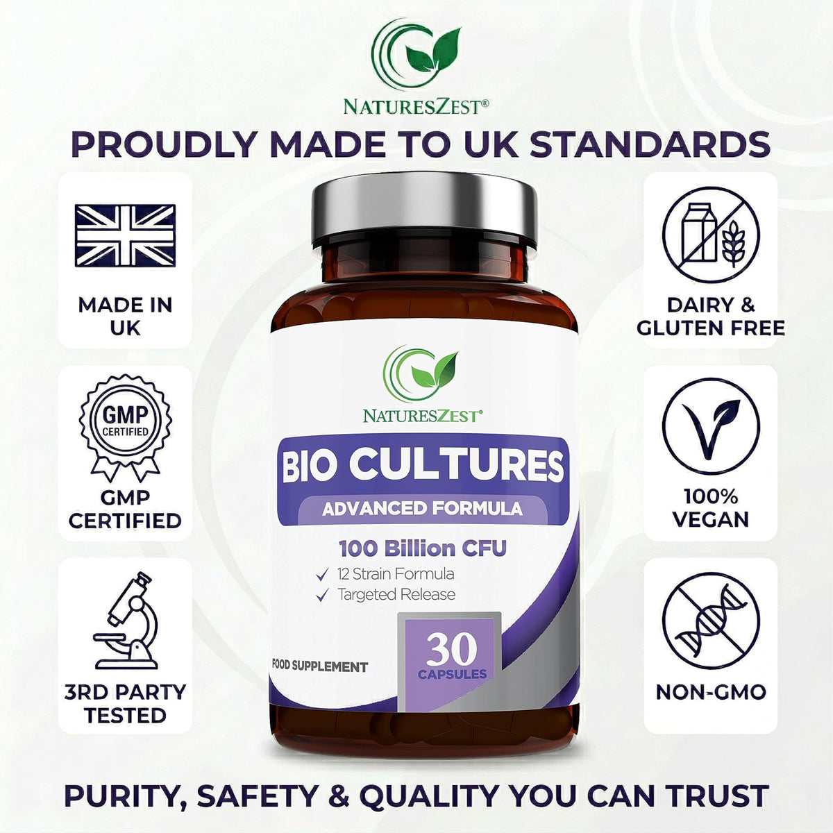 Natures Zest Bio Cultures Complex Probiotics & Prebiotics 100 Billion CFU for Gut Health - 30 Vegan Capsules Multi Strain Lactobacillus Plantarum, Acidophilus & Saccharomyces Boulardii for Men & Women, UK Made
