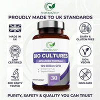 Natures Zest Bio Cultures Complex Probiotics & Prebiotics 100 Billion CFU for Gut Health - 30 Vegan Capsules Multi Strain Lactobacillus Plantarum, Acidophilus & Saccharomyces Boulardii for Men & Women, UK Made