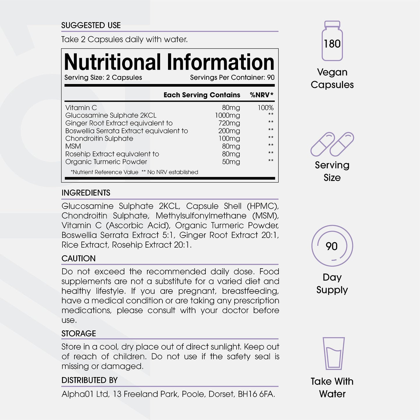 ALPHA01 Glucosamine & Chondroitin Complex - with MSM, Boswellia, Rosehip, Ginger & Turmeric - Made from Pasture Raised, Grass-Fed Bovine - Non-GMO, 180 Capsules