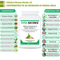Vita Sharks VitaCol Cleanse & Clear Herba 12 - Fibre Enriched Vegetarian Herbal Colon Cleansing Formula. Increase Faecal Bulk with 12+ Kosher Herbal Ingredients