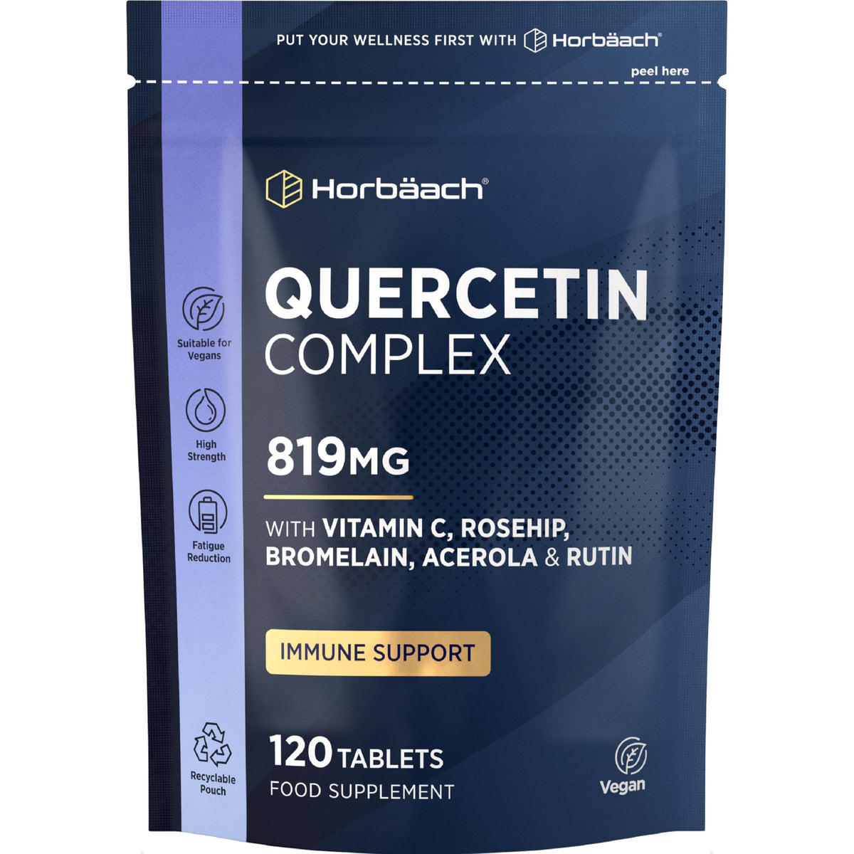 Horbäach Quercetin Supplement with Bromelain 819mg | 120 Vegan Tablets | Complex Formula Providing 519mg of Quercetin with Bromelain, Vitamin C, Rosehip, Acerola and Rutin | by Horbaach