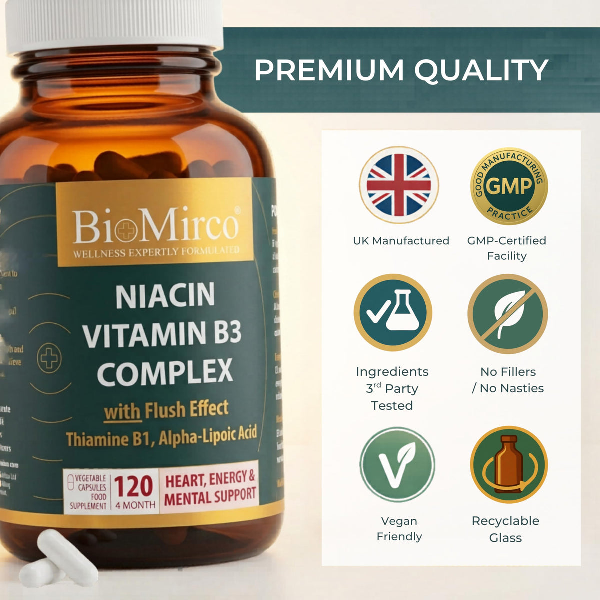 Bio Mirco Niacin Supplements with Flush Effect, B3 Vitamin Supplement, Nicotinic Acid, B1 Thiamine, ALA, 120 Capsules, Cognitive Function, Cholesterol, Heart & Energy, 50mg Active Form (niacinamide alternative)