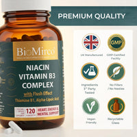 Bio Mirco Niacin Supplements with Flush Effect, B3 Vitamin Supplement, Nicotinic Acid, B1 Thiamine, ALA, 120 Capsules, Cognitive Function, Cholesterol, Heart & Energy, 50mg Active Form (niacinamide alternative)