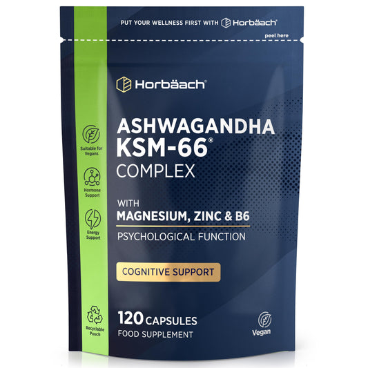 Horbäach Ashwagandha KSM-66 Complex with Magnesium, Zinc & Vitamin B6 | High Strength Ashwagandha Root Supplement | 120 Vegan Capsules | Horbaach