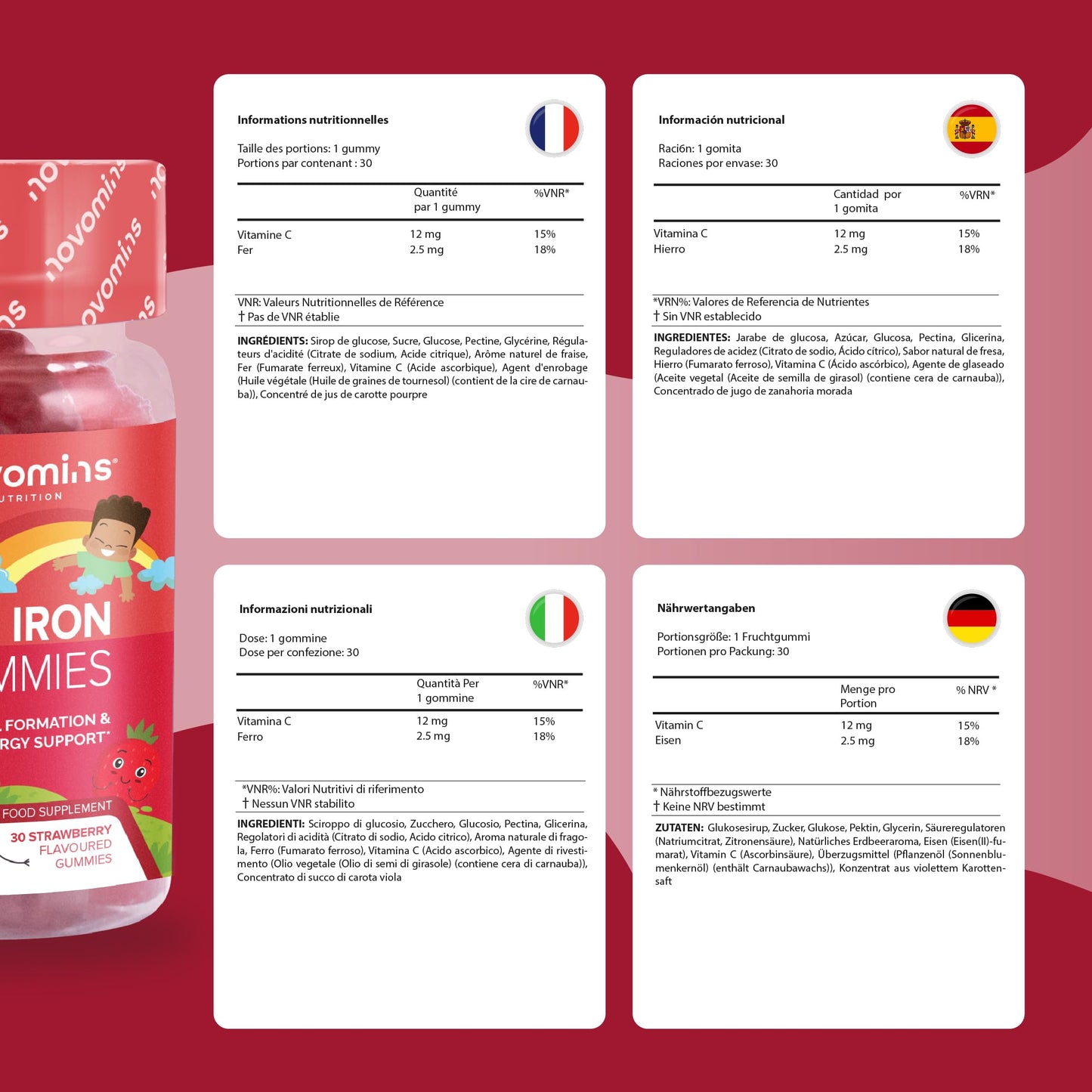 novomins Kids Iron Gummies - Iron Supplements with Vitamin C - Energy & Immune System - Iron Gummies for Kids - Alternative to Iron Tablets for Kids - 30 Gummies - Vegan & Gluten-Free - Novomins