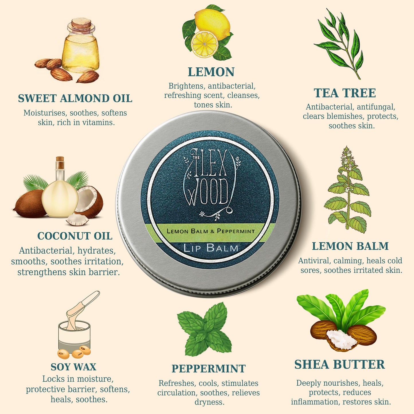 The Ilex Wood - Vegan Lemon Balm and Peppermint Lip Balm - All natural, coldsore prevention, palm oil free, cruelty free, plastic free, moisturising lip balm, handcrafted in the UK - 10ml