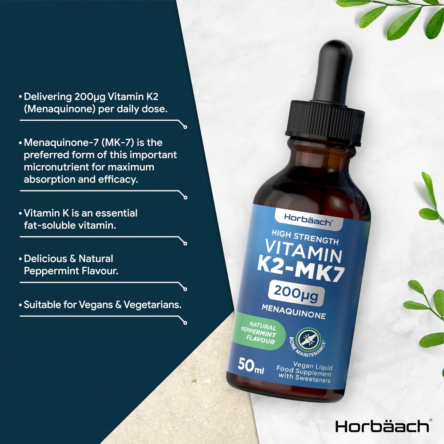 Vitamin K2 MK7 Drops 200ug | 50 ml | High Strength Vitamin K2 as Menaquinone MK7 | Peppermint Flavour | Vegan Liquid Food Supplement | by Horbaach