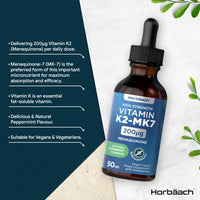 Vitamin K2 MK7 Drops 200ug | 50 ml | High Strength Vitamin K2 as Menaquinone MK7 | Peppermint Flavour | Vegan Liquid Food Supplement | by Horbaach