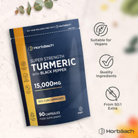 Horbäach Turmeric Tablets 15,000mg - Super Strength Curcumin Supplement with Black Pepper Extract (95% Curcuminoids) | Turmeric Root | 90 Vegan Capsules | Horbaach