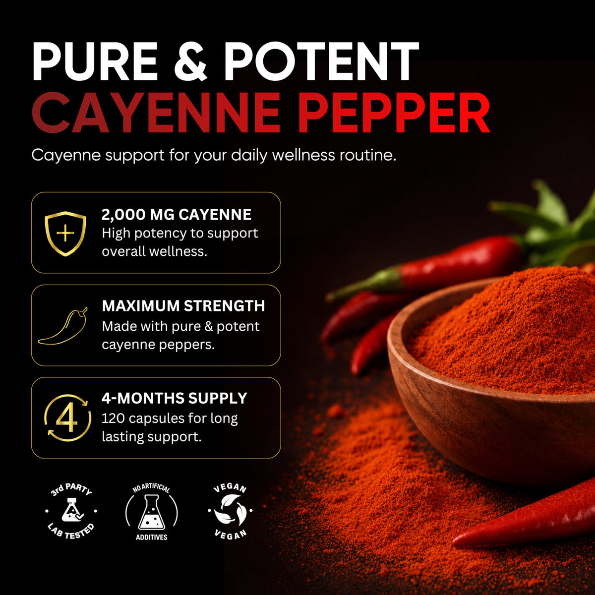 Mystic Nature Hybrid Health Cayenne Pepper 2,000mg - 4 Months Supply, 120 Capsules, High Strength Capsicum Extract, Cayenne Pepper Capsules, Vegan Non-GMO Formula