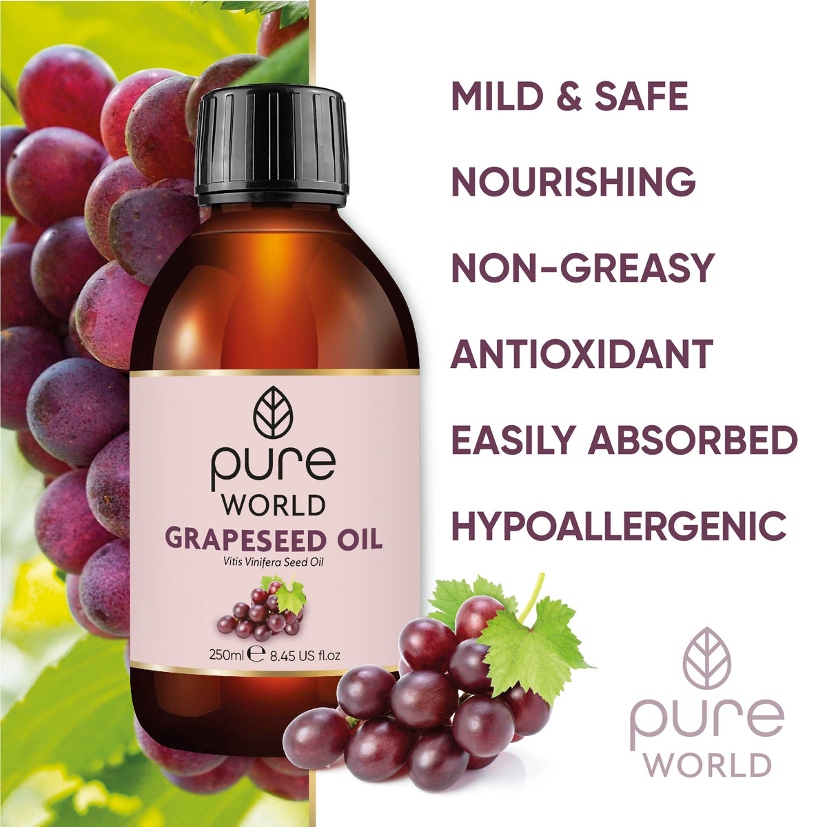 Pure World Natural Grapeseed Oil 100% Pure and Undiluted. 250ml. Premium Italian Quality Grapeseed oil – Aromatherapy, Massage, Skin, Nails, Body and Face, Edible Vegan