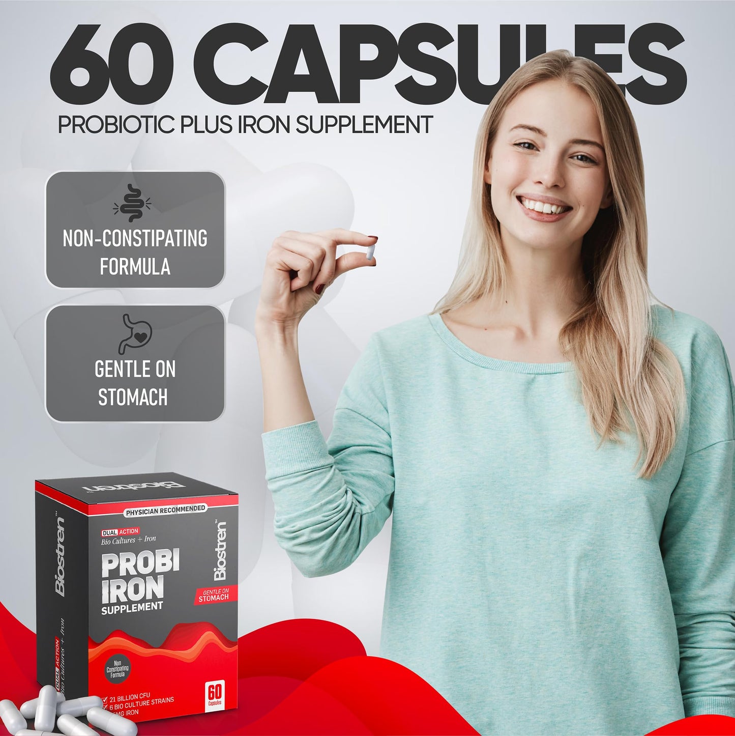 Biostren Probi Iron | 2 in 1 Bio Cultures Complex Plus Iron for Ultimate Gut Health and Hemoglobin Support | Probiotic | Red Blood Cells | Bloat Relief | Digestion | IBS | 60 Capsules