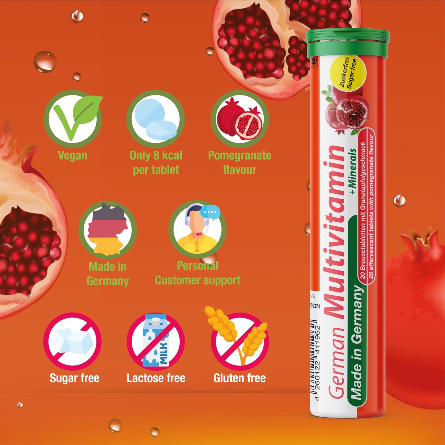 T&D German Multivitamin + Mineralien Drink Effervescent Tablets 60 Servings Pomegranate Flavour – 10 Vitamins + 2 Minerals – Made in Germany