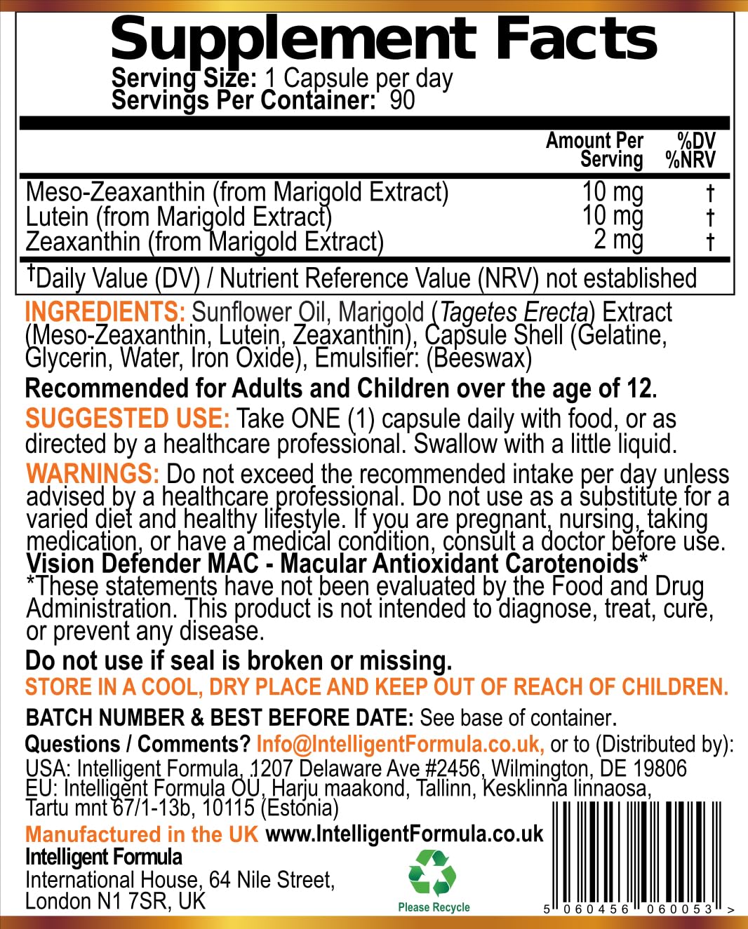 Intelligent Formula Vision Defender MAC Eye Vitamins Supplement – Triple Carotenoids: Lutein 10mg, Zeaxanthin 2mg & Meso-Zeaxanthin 10mg – Vision & Eye Health Support, Blue Light Help – 90 Capsules – Made in The UK