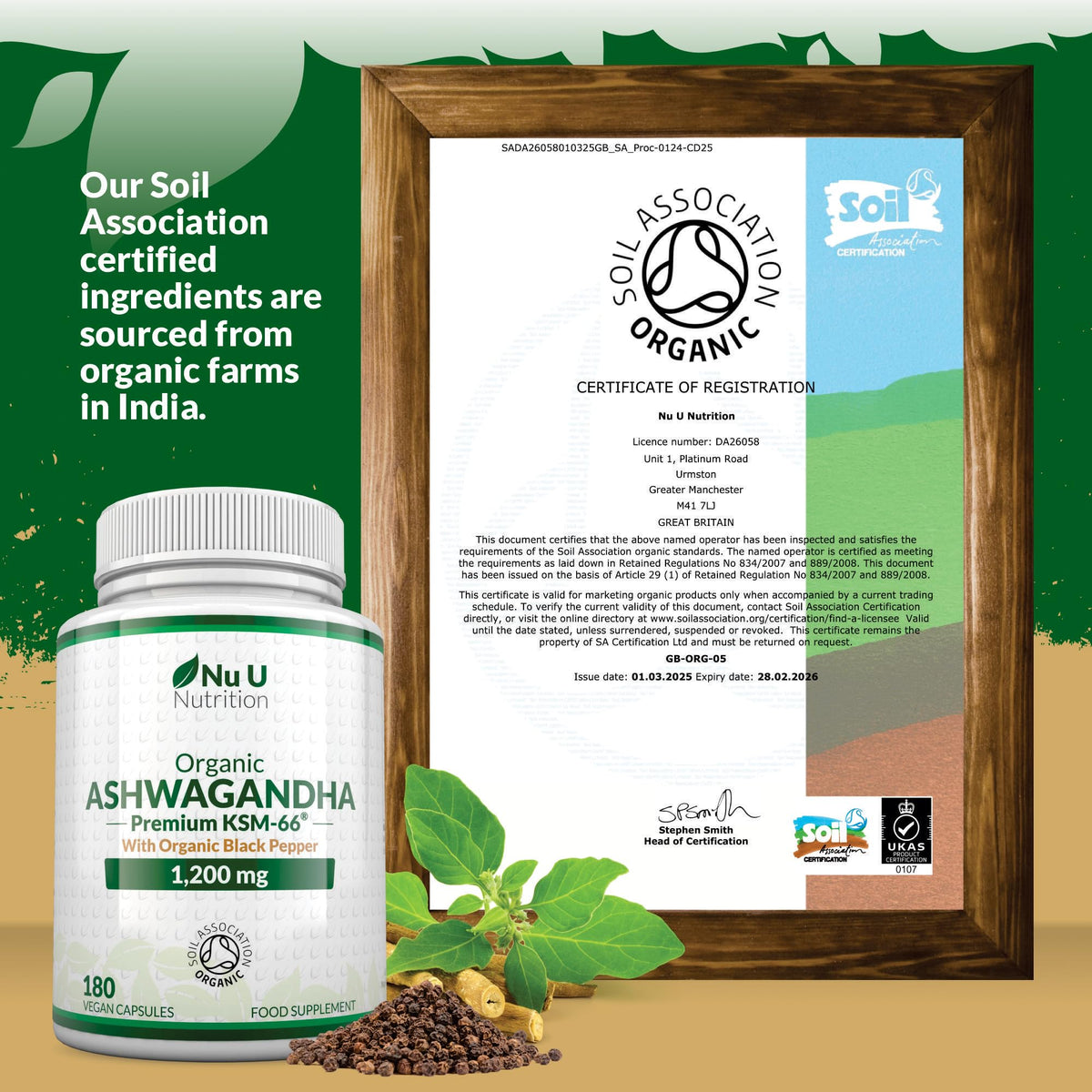 Organic Ashwagandha KSM-66® 1200mg - 5% Withanolides - 180 Vegan Capsules - High Strength Ashwaganda with Black Pepper - Soil Association Certified - Made in the UK - Nu U Nutrition