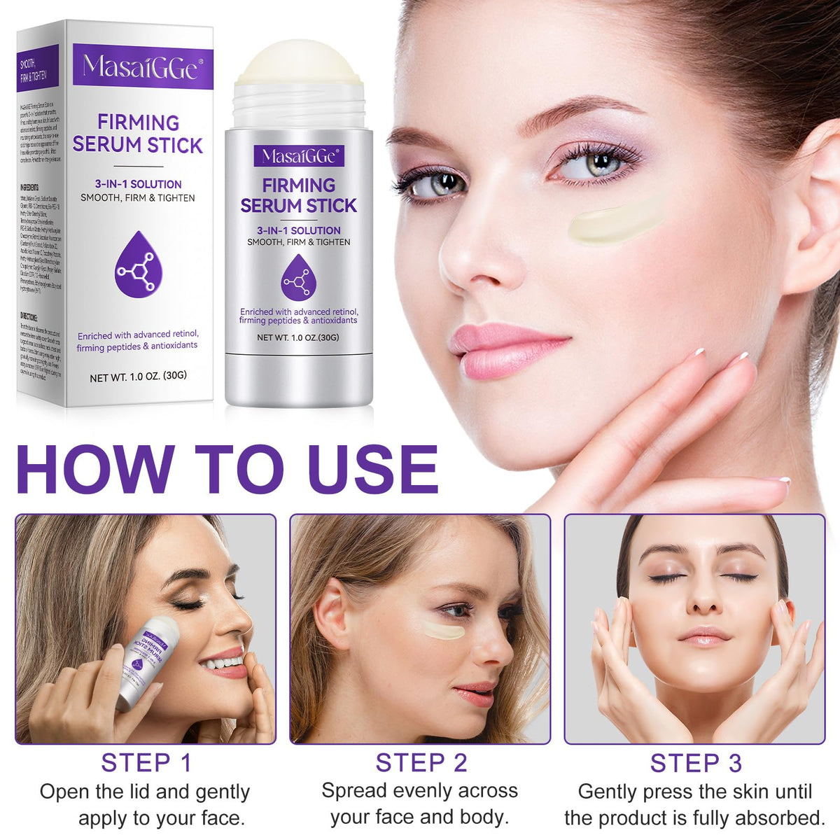 MASAIGGE Retinol Firming Serum Stick, Collagen Peptides Firming Serum Stick, Anti Aging Peptides Cream Stick, Retinol Stick for Tightening Sagging Skin, Reduces Wrinkles & Lines, Improves Skin Elasticity (2PC)
