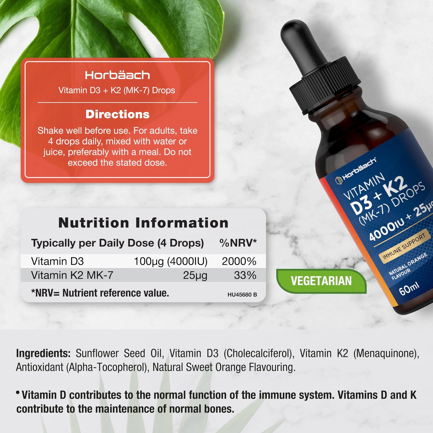Horbäach Vitamin D3 K2 Drops High Strength | 4000 IU of Vitamin D3 and 25ug of Vitamin K2 MK7 | Orange Flavoured | Suitable for Vegetarians | by Horbaach