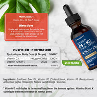 Horbäach Vitamin D3 K2 Drops High Strength | 4000 IU of Vitamin D3 and 25ug of Vitamin K2 MK7 | Orange Flavoured | Suitable for Vegetarians | by Horbaach