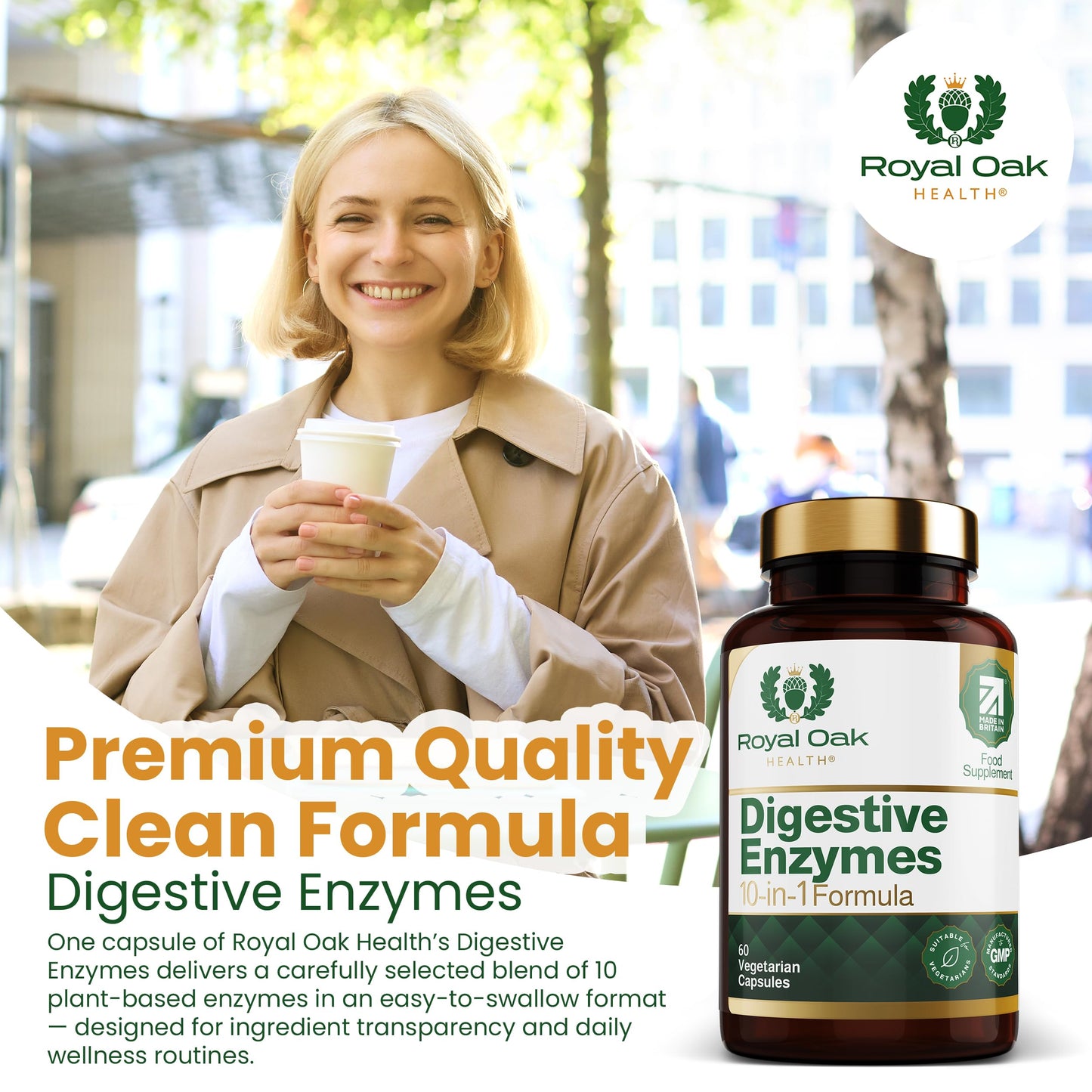 Royal Oak Health Digestive Enzymes - Broad Spectrum 10 in-1 Formula - with Amylase, Protease, Lipase, Papain & Bromelain - 60 Vegan Capsules, UK Made