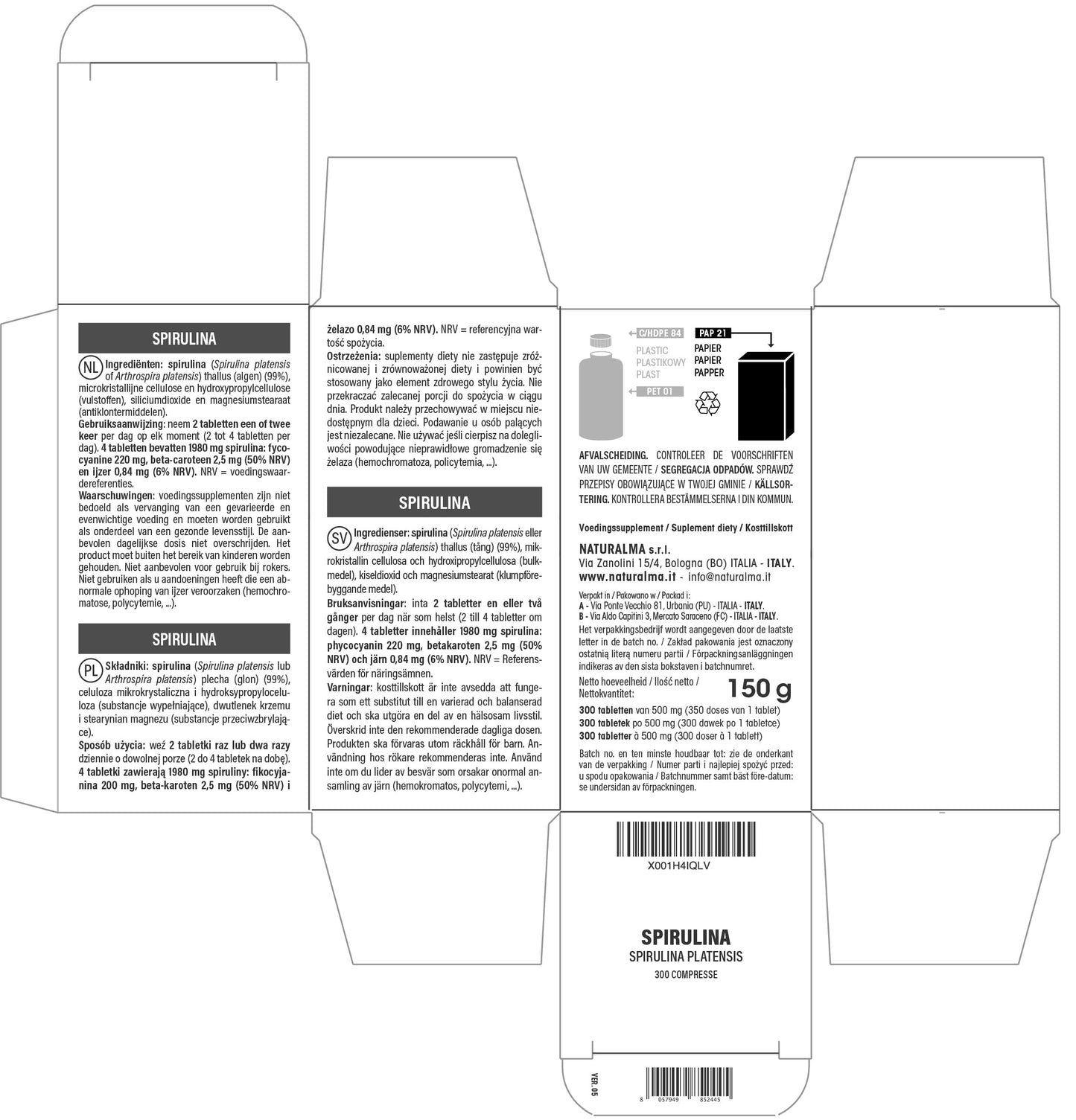 Spirulina (Spirulina platensis or Arthrospira platensis) Thallus (Seaweed) NATURALMA | 150 g | 300 Tablets of 500 mg | Food Supplement | Natural and Vegan