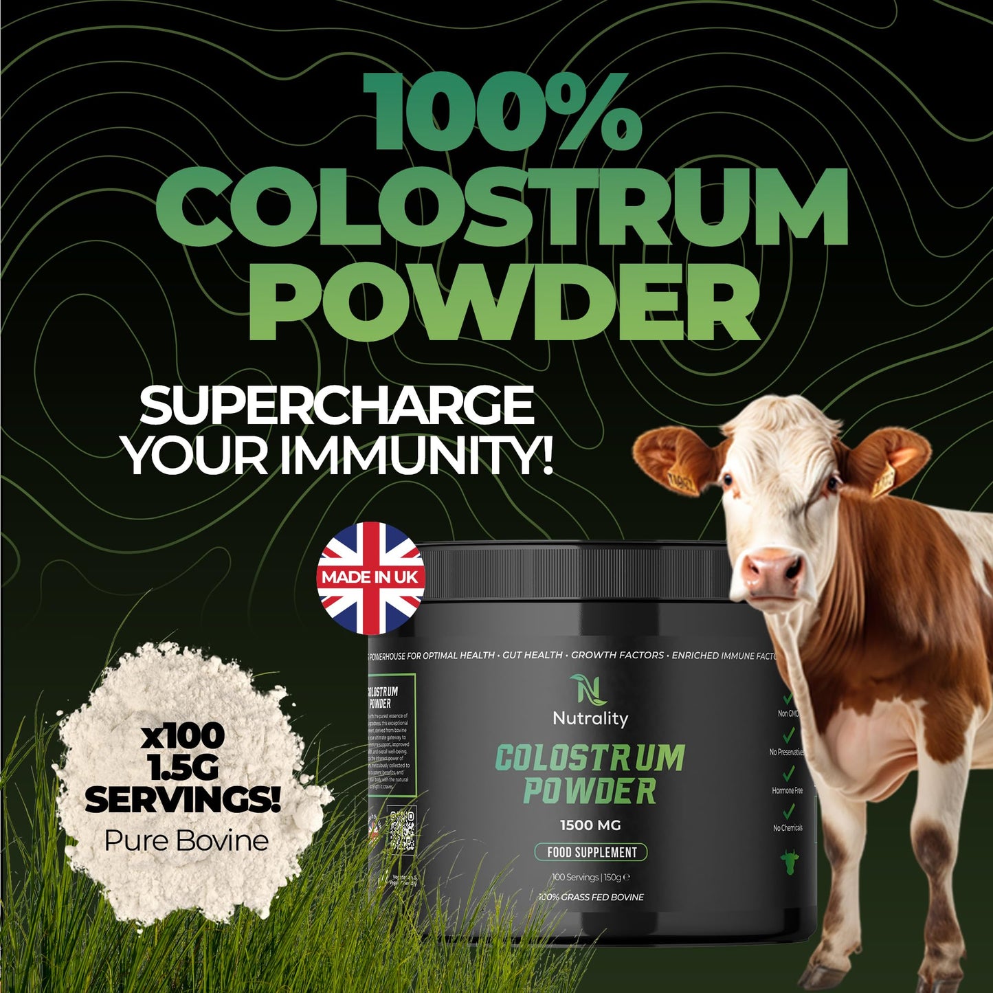 Nutrality 100% Bovine Colostrum Powder 1500mg | Gut Health | 100 Servings