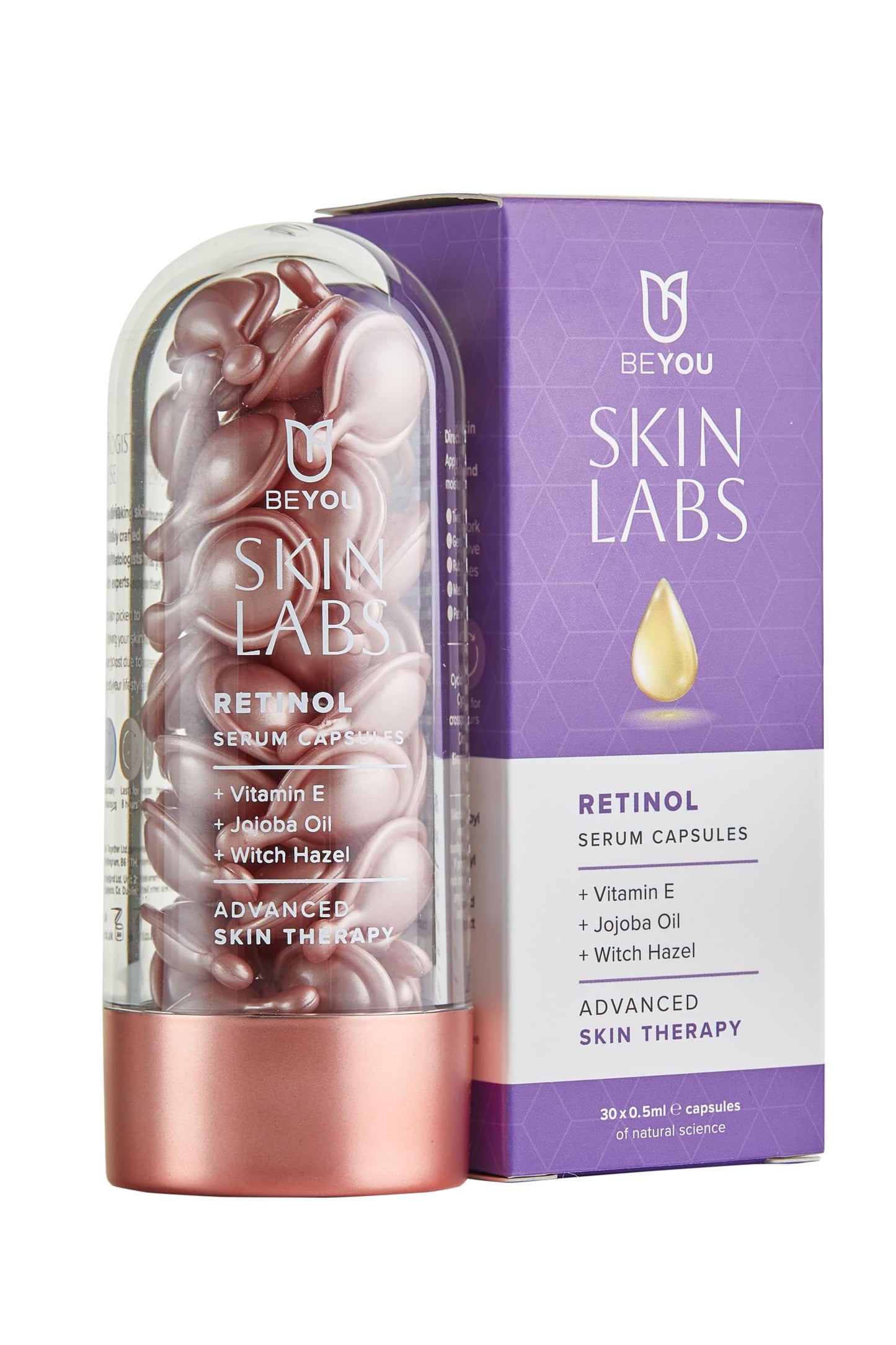 BeYou Skin Labs Retinol Serum Capsules with Vitamin E, Jojoba Oil & Witch Hazel | Advanced Anti-Ageing Therapy for Radiant & Revitalised Skin | Energise & Nourish Skin | 30 Vegan Capsules