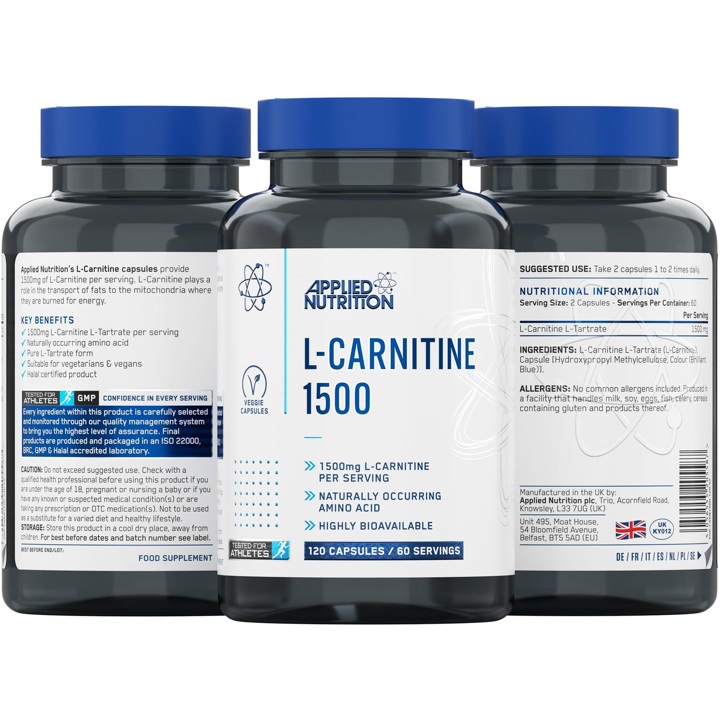 Applied Nutrition L-Carnitine 1500mg - Carnitine Supplement Premium L-Tartrate Form, High Strength, Energy Boost & Weight Management (120 Capsules - 60 Servings)