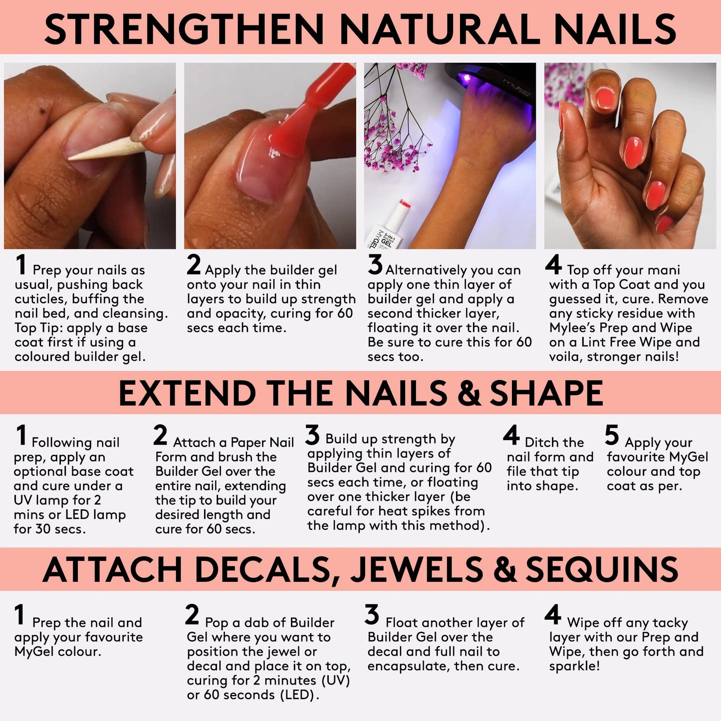 Mylee 5 in 1 Builder Base Strengthening Gel 15ml, UV/LED Nail Polish Coat for Hard Strong Nails Tips & Extensions, For Nail Art Decoration, Decals & Jewels, Professional Manicure Repair (French Rose)