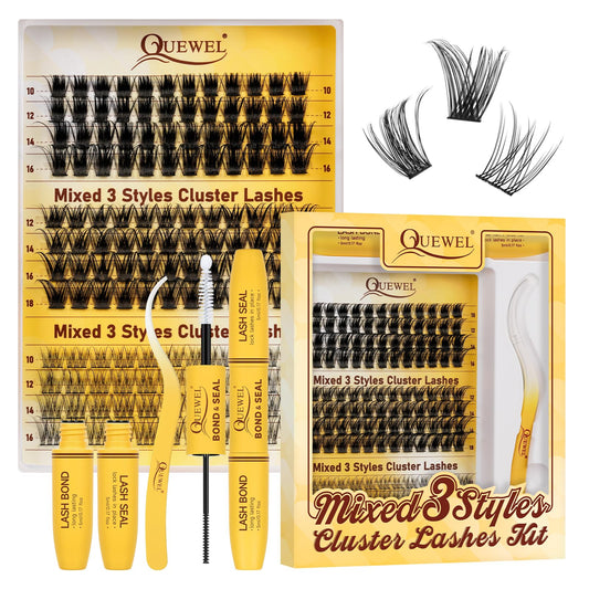 QUEWEL Lash-Cluster Kit 144Pcs D Curl Mixed 3 Styles Eyelashes-Individual Natural Look, Super Thin Band Cluster Lashes Kit for Beginner Easy to Apply at Home（Collection-style B-kit）