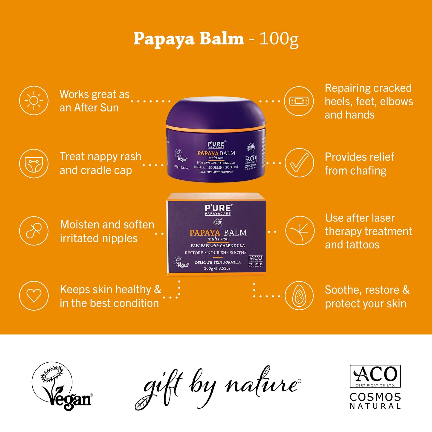 P'URE PAPAYA CARE Balm Multi-use 100g - VEGAN - Repairs Dry Skin, After Sun Treatment - Natural Ingredients with Shea Butter, Calendula, Jojoba Oils, Vitamin E & Papaya- Sensitive Skin Care Products