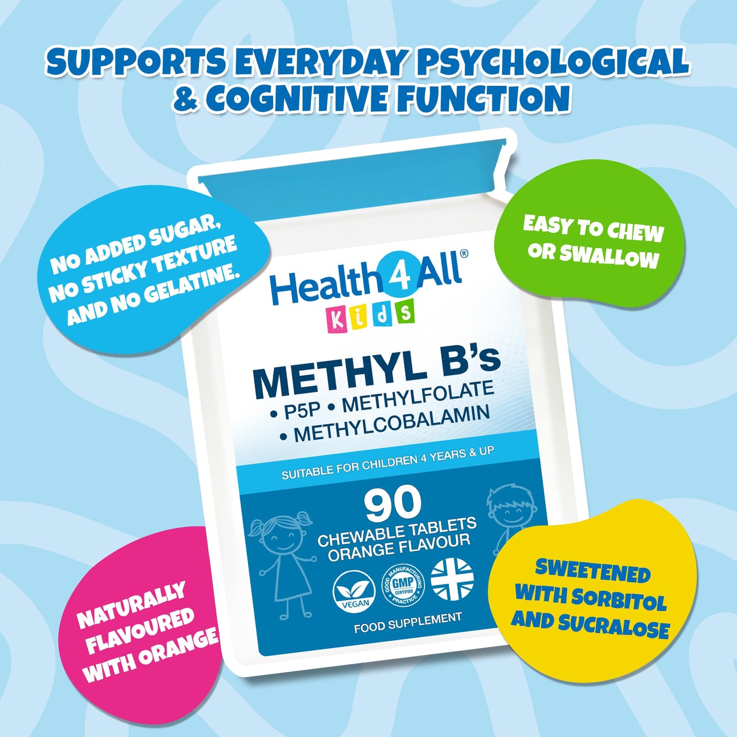 Health4All Kids Methyl B's 90 Chewable Tablets, Stress & Mood Support for Children 4+