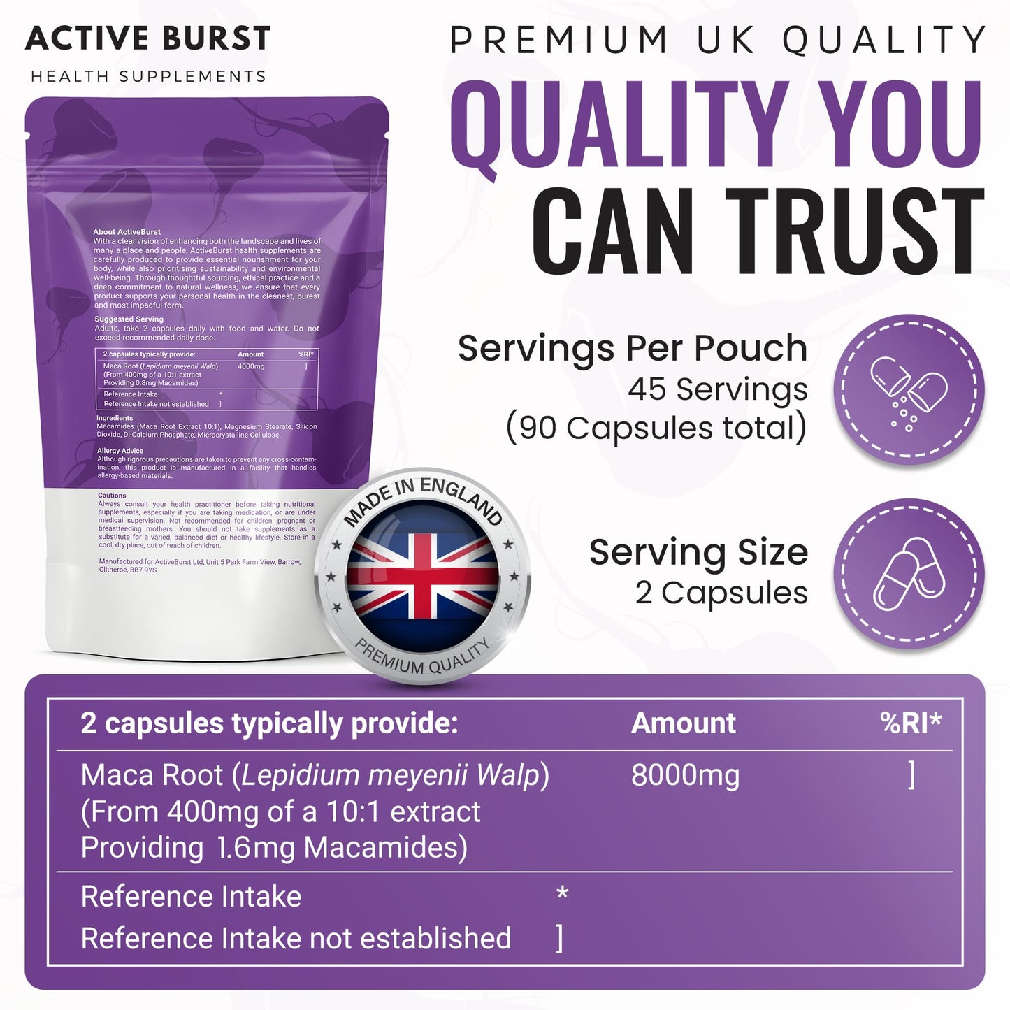 MacaRoot Ultra – Maca Root Capsules 8000mg | Peruvian Ginseng 10:1 Extract | 1.6mg Macamides | Energy, Mood & Hormone Support | Vegan, UK Produced, Lab Tested | 90 Capsules | ActiveBurst Nutrition