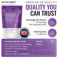 MacaRoot Ultra – Maca Root Capsules 8000mg | Peruvian Ginseng 10:1 Extract | 1.6mg Macamides | Energy, Mood & Hormone Support | Vegan, UK Produced, Lab Tested | 90 Capsules | ActiveBurst Nutrition