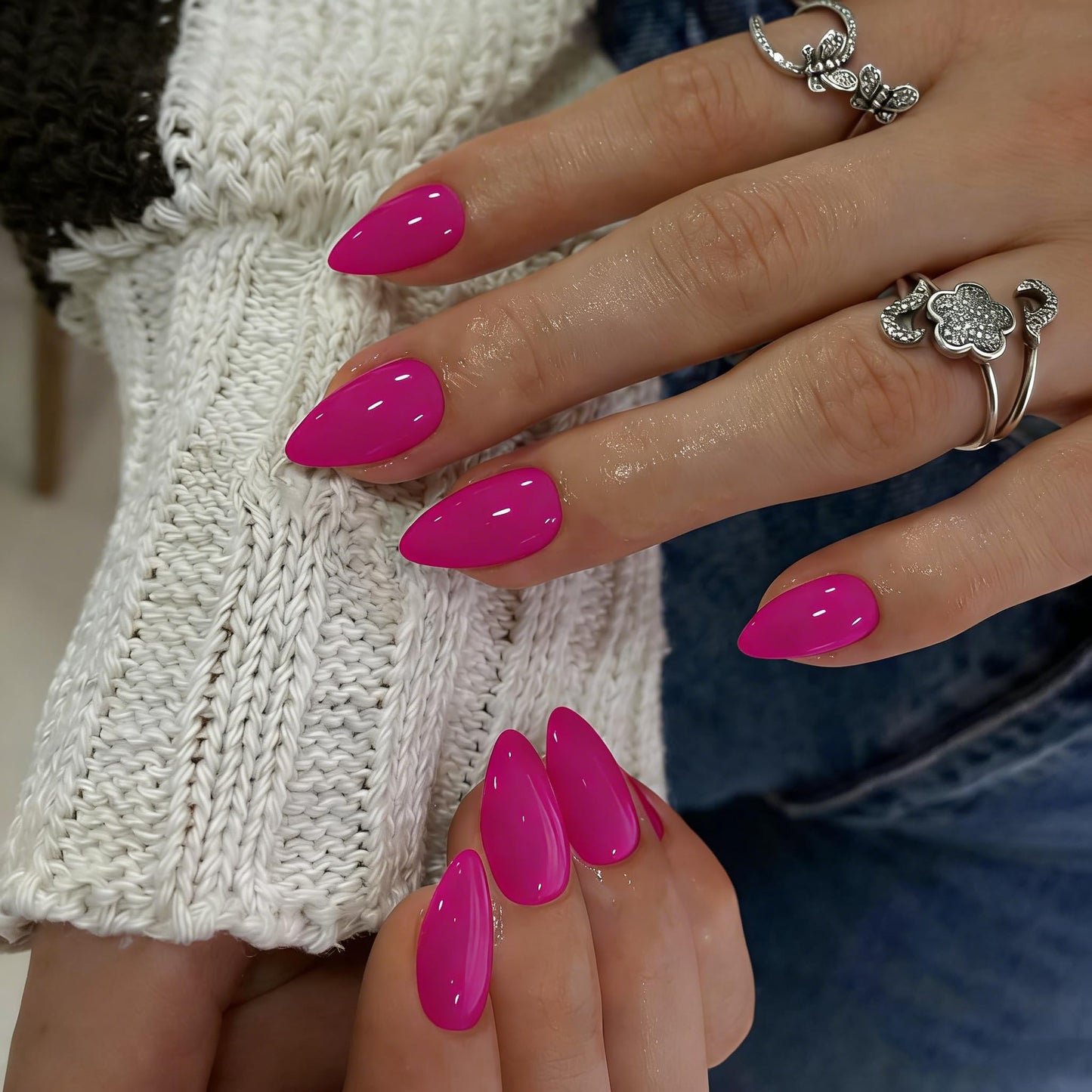 SXVME Hot Pink Press on Nails Short Almond Shaped, 30 Pcs Thick Short False Nails Press ons Natural Acrylic Fake Nails Custom Solid Color Medium Press-ons Natural Fit For Women Daily Wear
