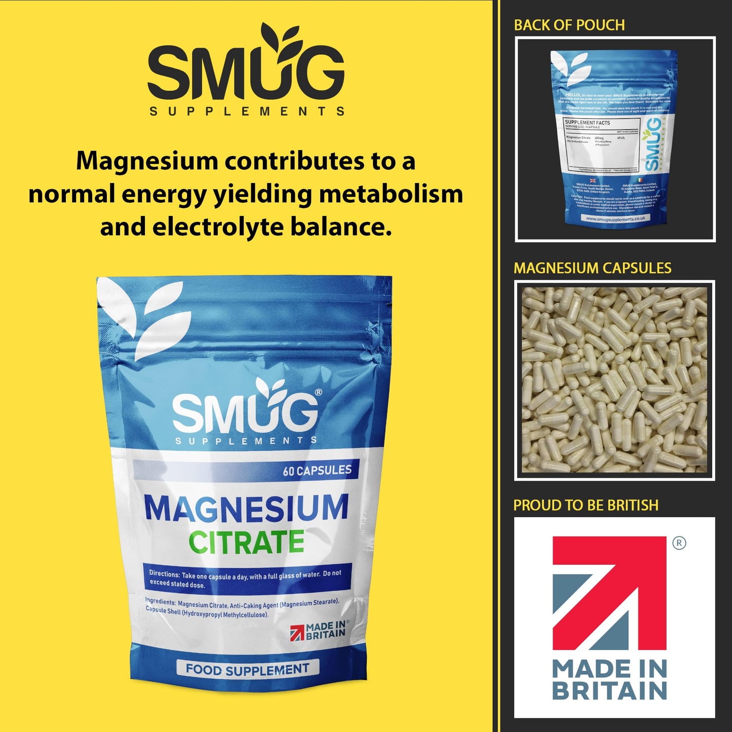 SMUG Supplements Magnesium Citrate - Pack of 60 High Strength 600mg Capsules – Supports Nervous System - Can Reduce Tiredness and Fatigue – for Men and Women - Made in Britain