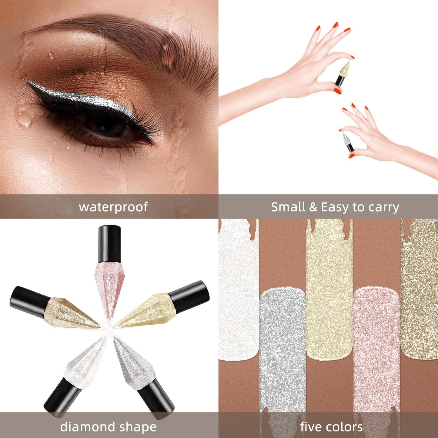 Generic 5PCS Glitter Liquid Eyeshadow & Eyeliner Set – Shimmer Metallic Makeup with Gold, Silver, Diamond Shine – Long-Lasting, Quick-Dry, Waterproof Eye Makeup