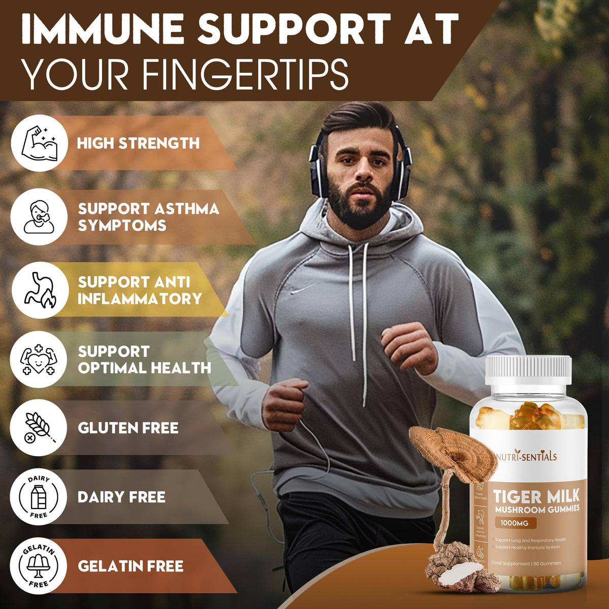 Nutri-Sentials Tiger Milk Mushroom Gummies – High-Strength Dietary Supplement for Immune Support and General Wellness, 1000mg, 60 Count
