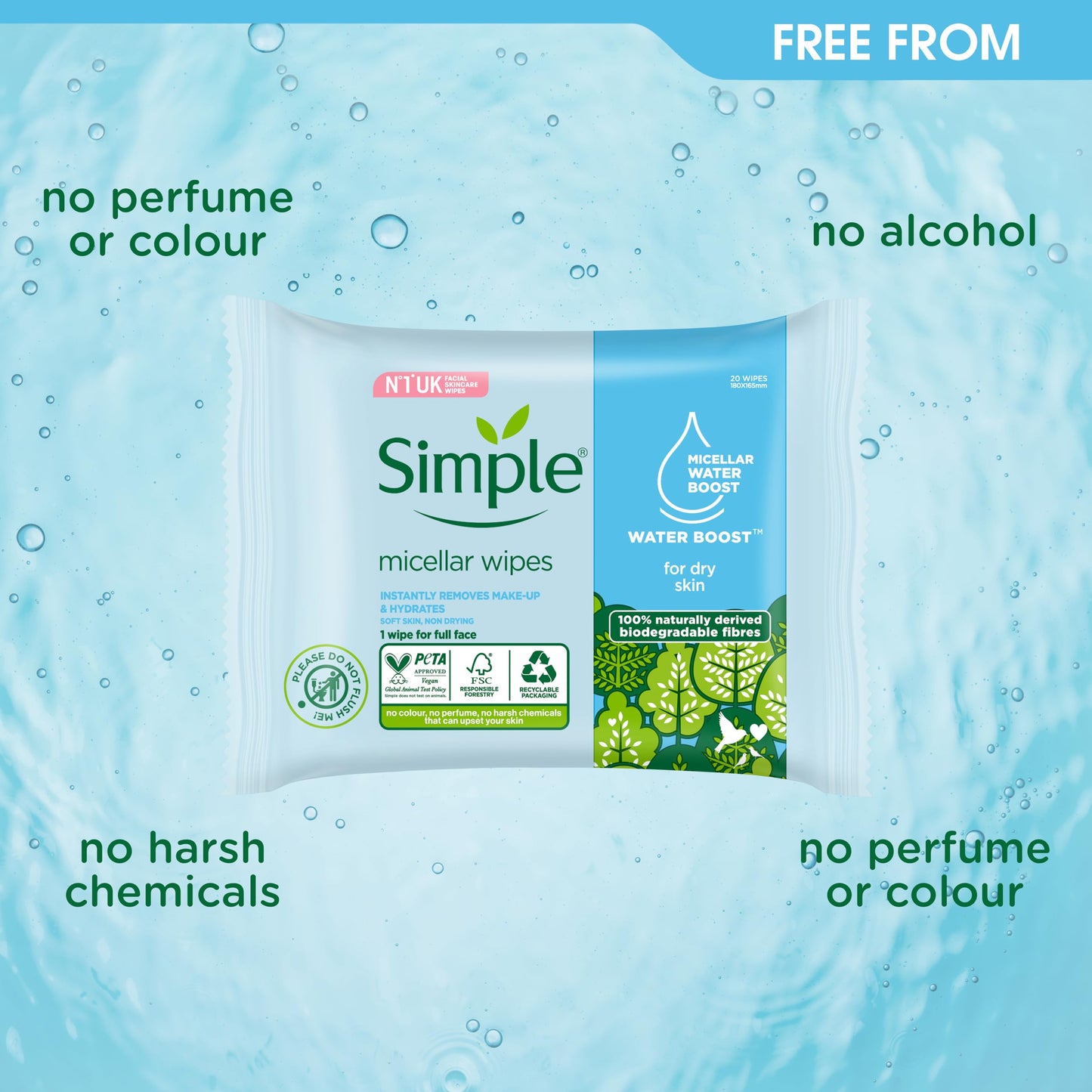 Simple Kind to Skin hypoallergenic Micellar Biodegradable Cleansing Wipes for sensitive skin 20 wipes