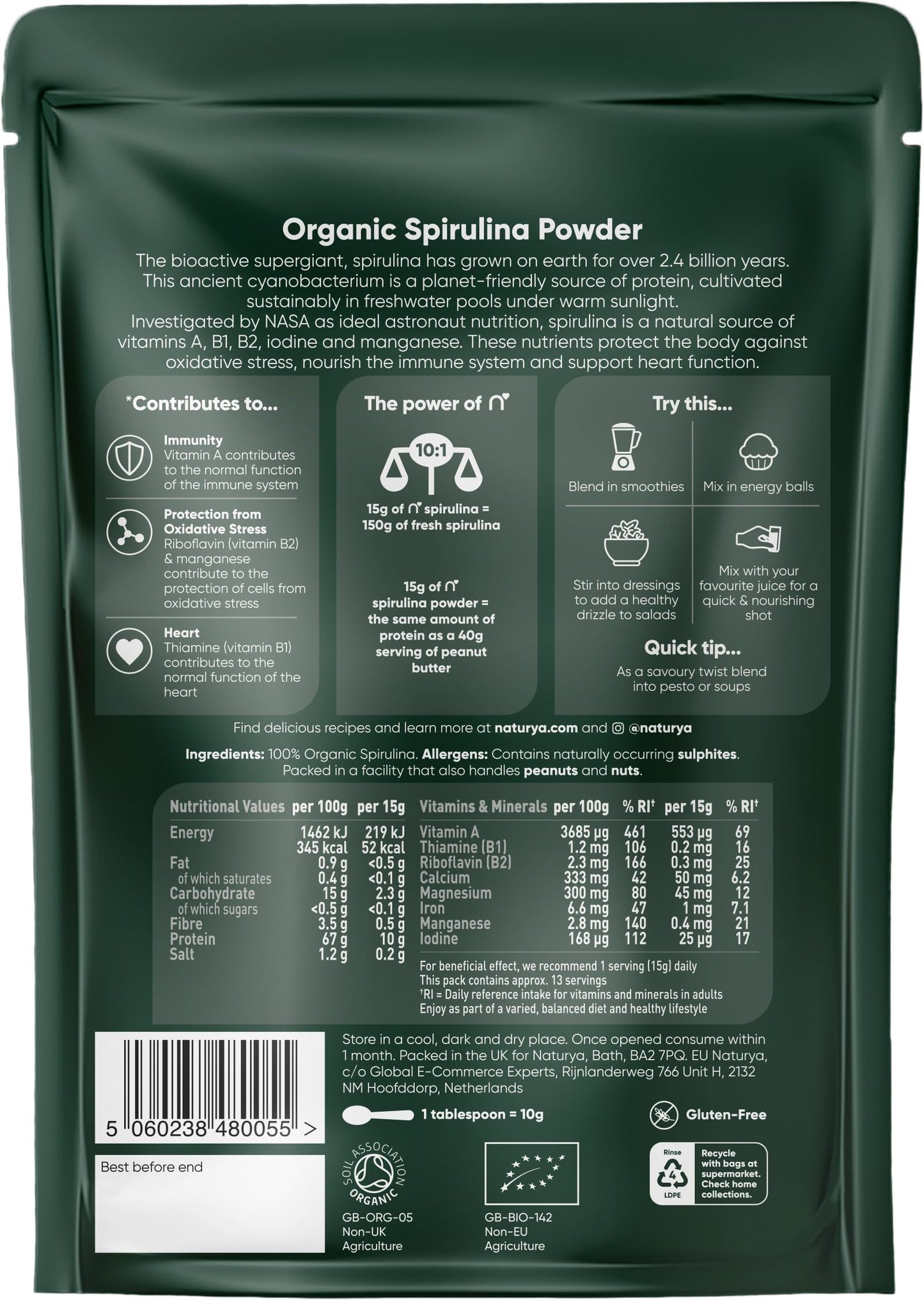 Naturya Organic Spirulina Powder 200g - Superfood Supplement for Energy, Immunity, & Detox – 100% Natural, Nutrient-Rich with High Protein & Iron, Non-GMO, Vegan-Friendly - Resealable Pack