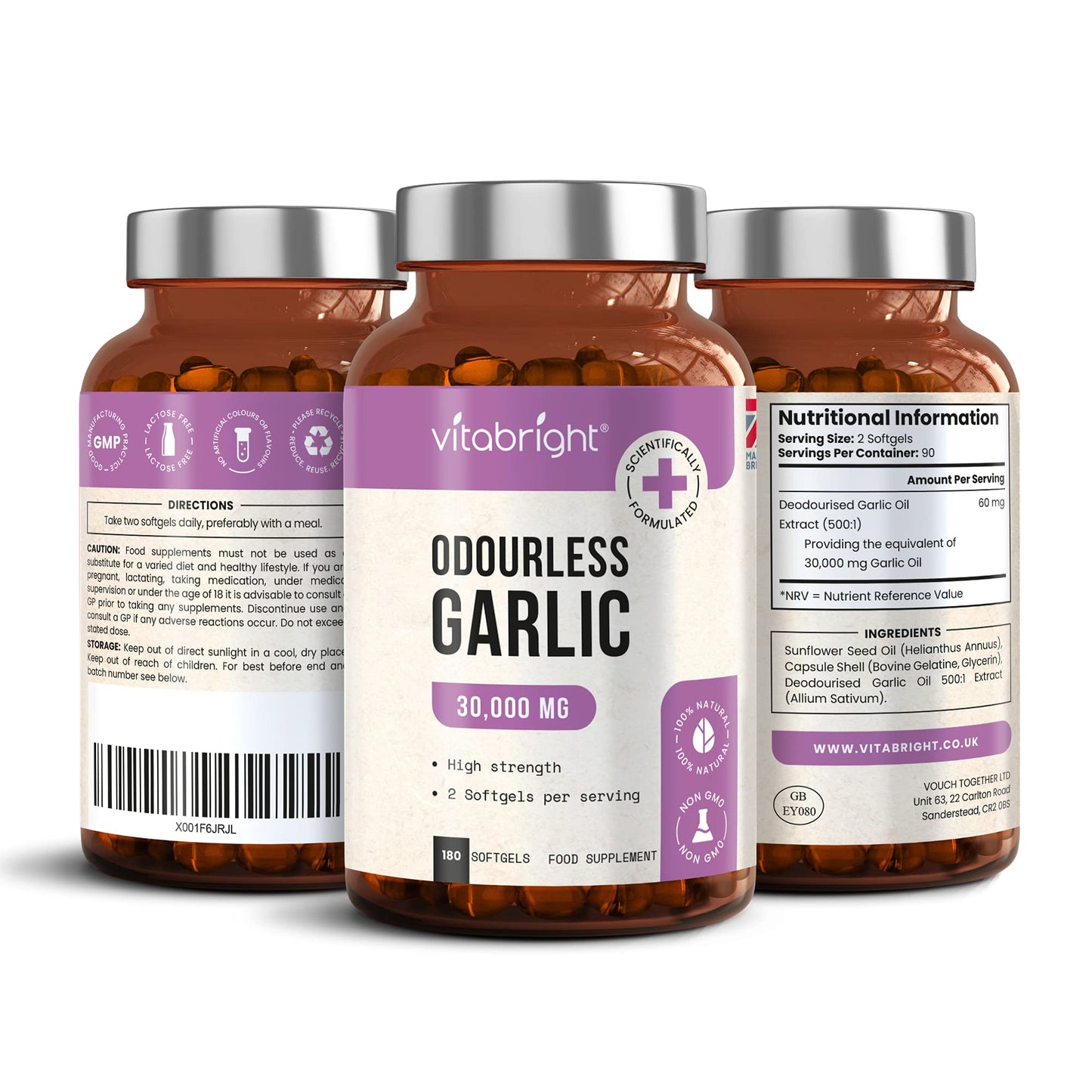 Odourless Garlic Capsules - High Strength 30,000mg - 180 Deodourised Garlic Oil Softgels – High in Allicin Garlic Supplement - 100% Natural Cold Pressed Garlic Tablets – Immune Support - Made in UK