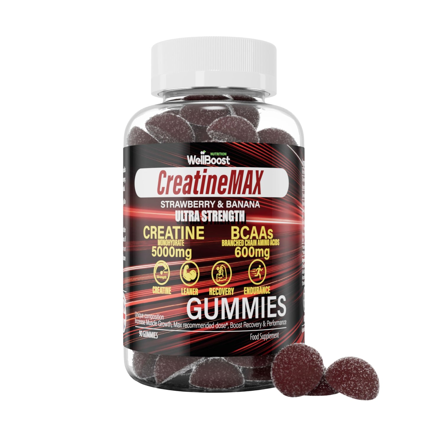 WellBoost Creatine MAX Gummies - 5000mg Creatine Monohydrate & 600mg BCAAs per Serving - Vegan, Sugar-Free Chewable Gummies with Strawberry & Banana Flavour - 90 Gummies (1 Month Supply)