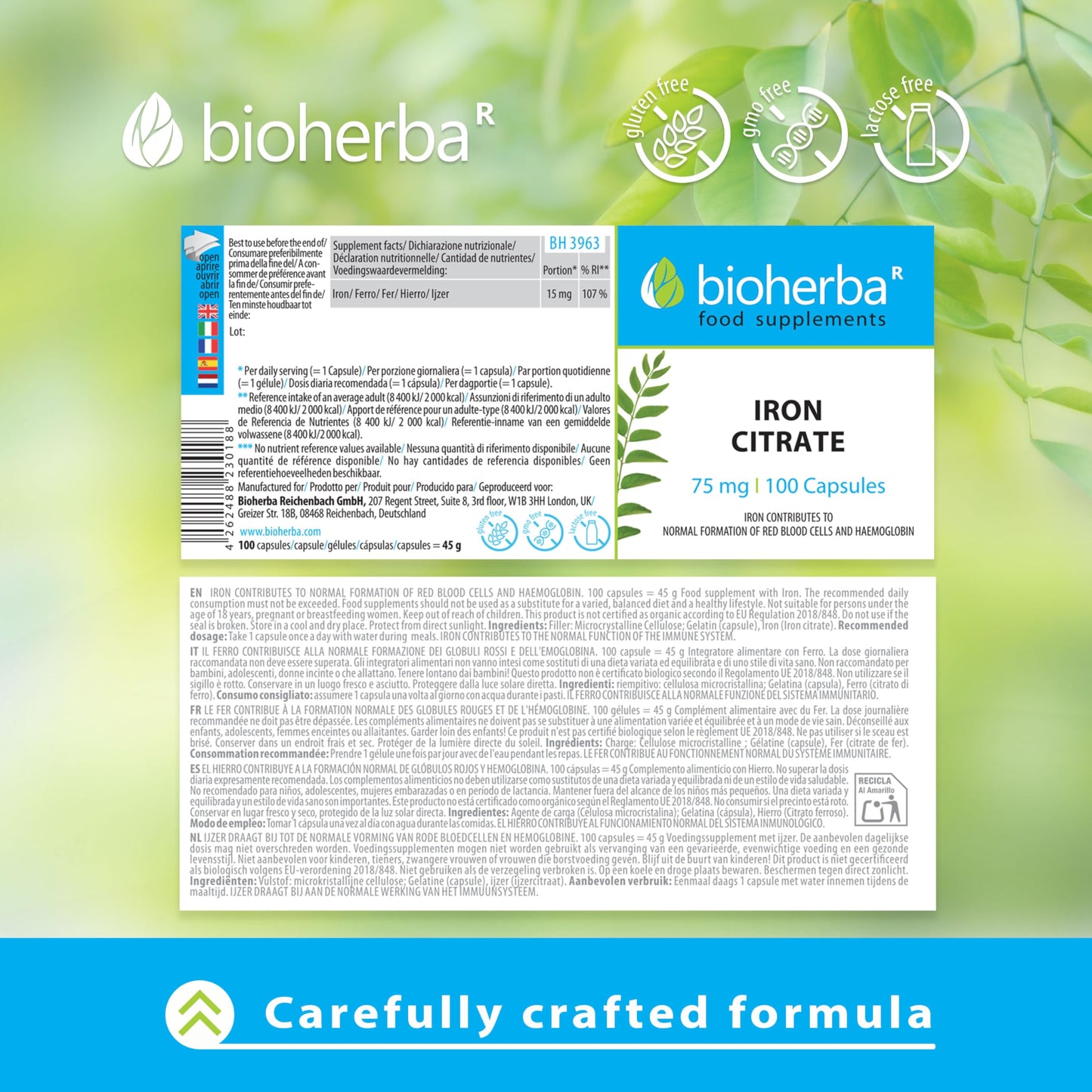 Iron Supplement High Strength - Iron Citrate 75 mg - 300 Capsules by BIOHERBA - Supports Red Blood Cell Production and Boosts Energy
