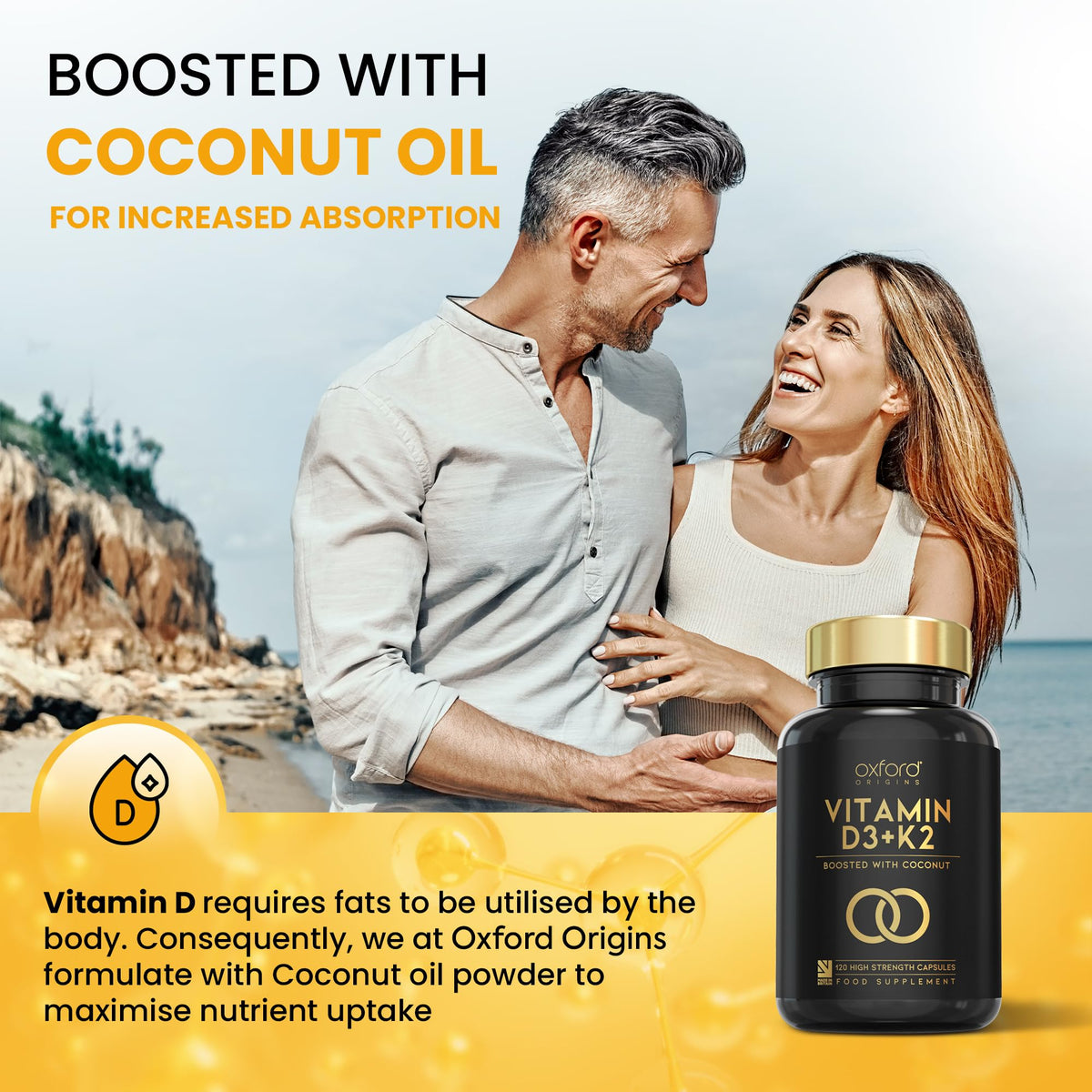 Oxford Origins Vitamin D3 K2 Capsules | Made in the UK | 4000 iu Vitamin D3 & 100mcg K2 MK7 | Boosted with Coconut MCTs for Absorption | 4 Month Supply - 240 Capsules