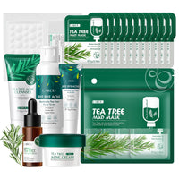 LAIKOU Tea Tree Skincare Set , Anti-Acne Face Care Kit with Cleanser, Toner, Serum, Spot Gel, Cream, Mud Mask & Pimple Patches, Oil Control & Soothing for Teenage Girls, Women & All Skin Types
