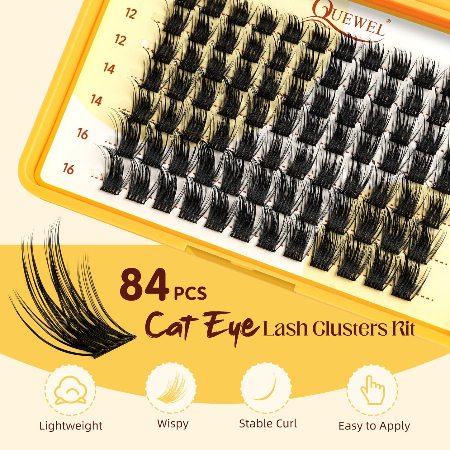 QUEWEL Cluster-Lashes Kit, Individual-Eyelashes Kit 10-16mm Cat Eye Lash Clusters 84Pcs Bond and Seal Lash Kit, DIY Lash Extensions at Home(Kitten Kit)