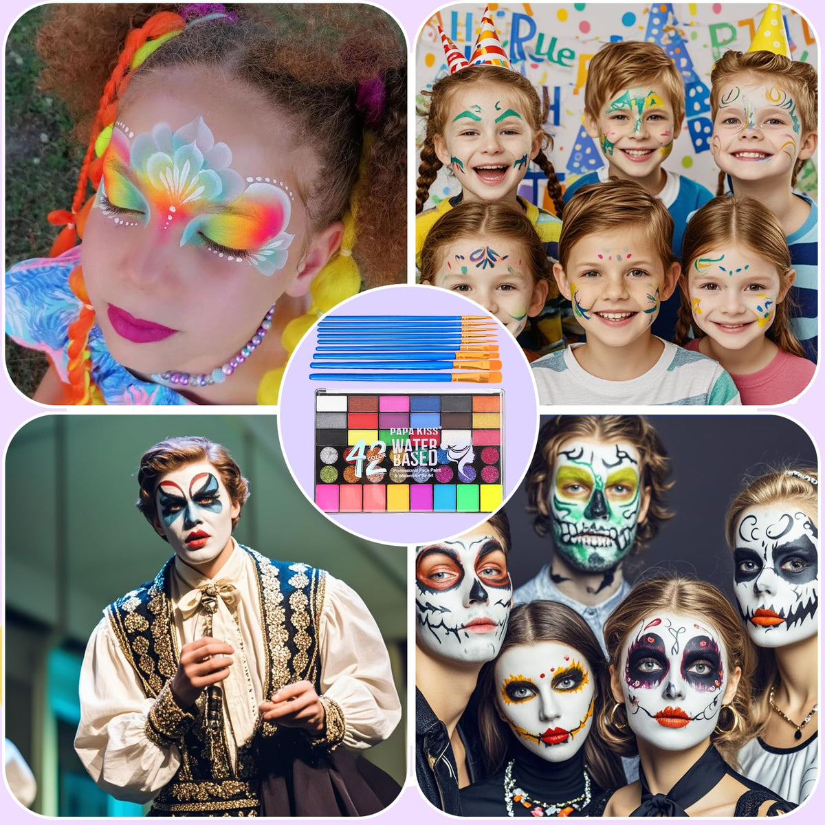 Zefphxs Face Painting Kit, 42 Colors Body Paint With 10 Pcs Brushes, Safe & Non-Toxic Washable for Children Adults Halloween Christmas Party