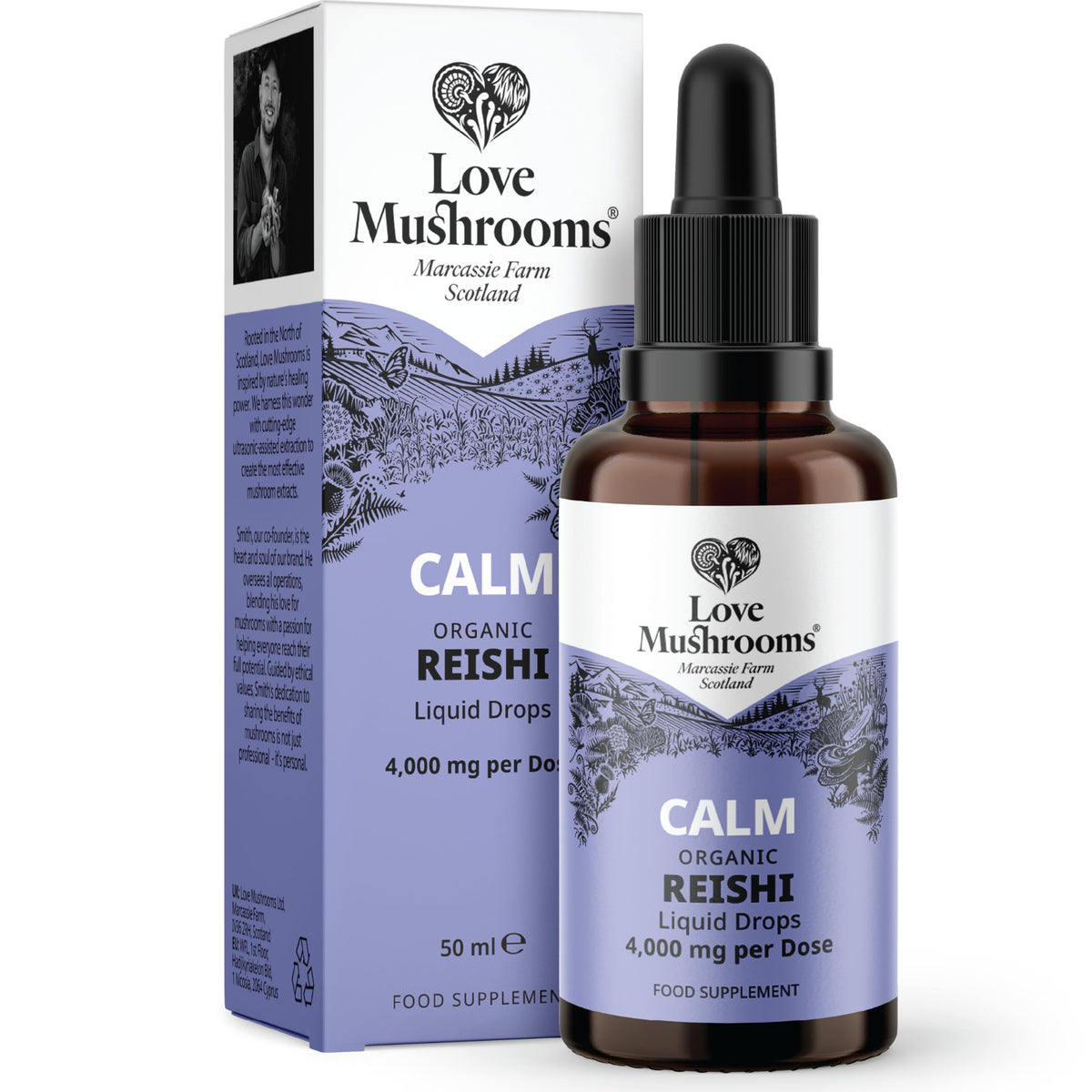 Love Mushrooms - Organic Reishi Mushroom Tincture - 50,000mg - Restfulness and Essential Balance Support - Vegan and UK Made Brain Supplement - Natural Colours and Flavours - 50ml Tincture