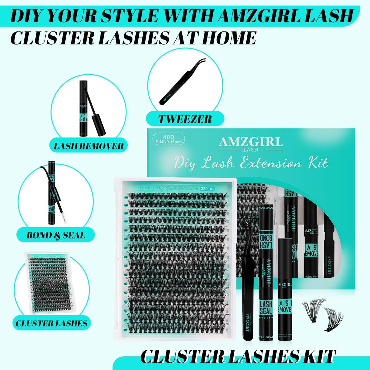 AMZGIRL LASH Lash Extension Kit 320Pcs,DIY Individual Lashes Clusters Kit,Lash Bond And Seal,Lash Remover For Eyelashes Extensions,Lash Applicator Tool For False Eyelash Cluster Kit At Home(40D,D-Mix9-16mm Kit)
