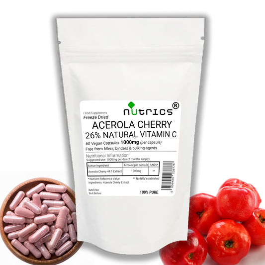 Nutrics® 1000mg ACEROLA Cherry Extract 2 Months Supply 60 Vegan Capsules Natural Vitamin C 100% Pure Freeze Dried Standardised 26% 44:1 Extract Ratio Strong Safe & Effective